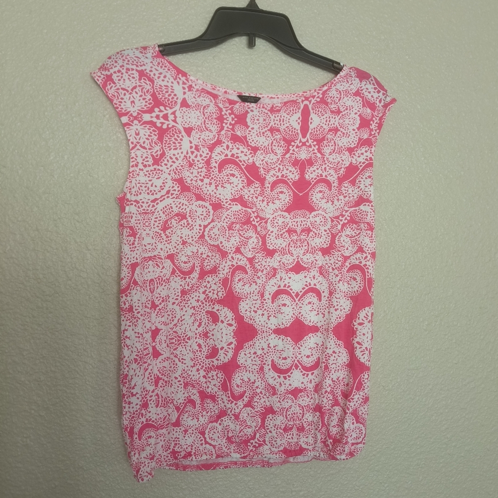 ANN TAYLOR PETITE women's blouse pink/white flowers size‎ sp with elastic bottom